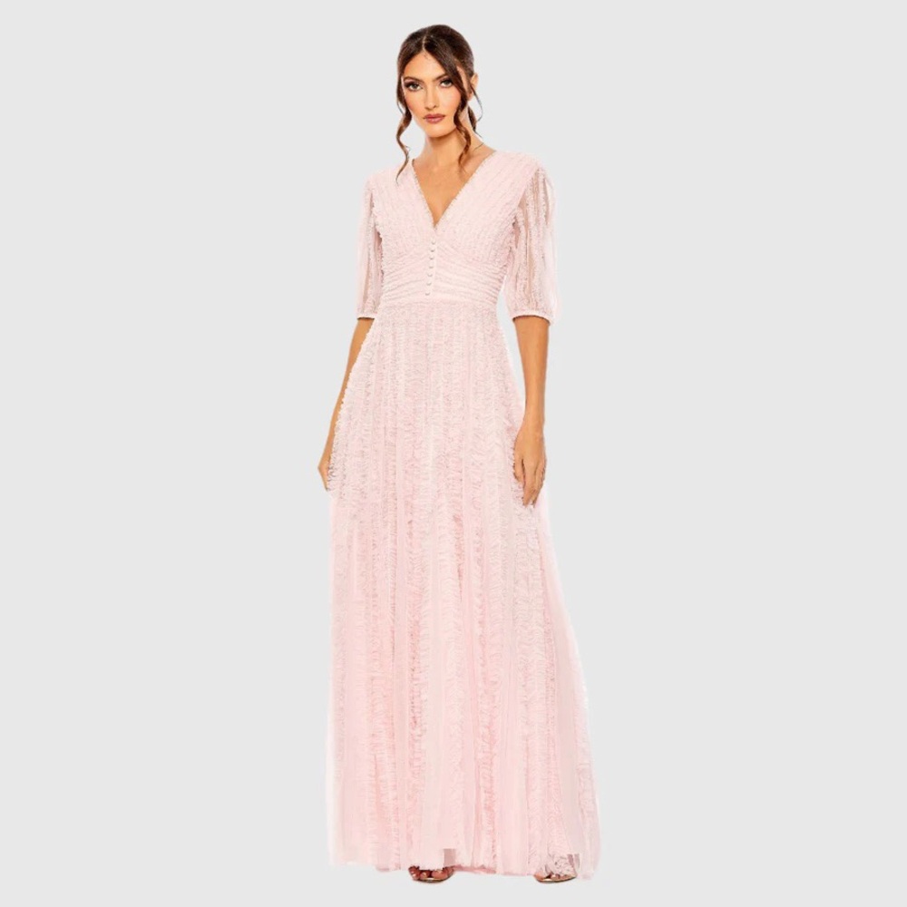 MAC DUGGAL V Neck Puff Sleeve Ruffle Tiered A Line Gown